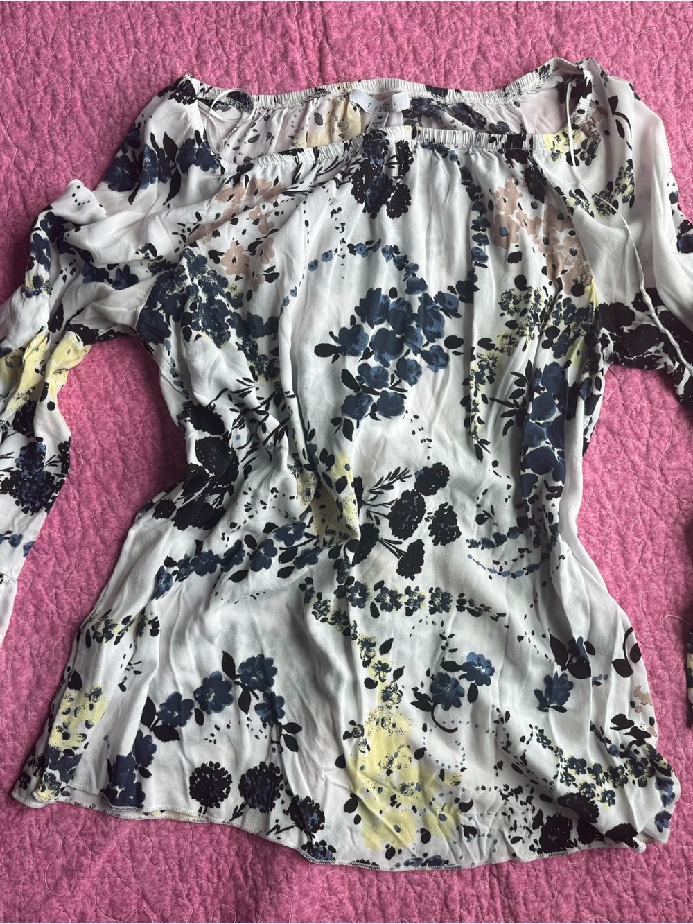 Fever Floral Off-Shoulder White Blouse with Navy and Yellow Accents